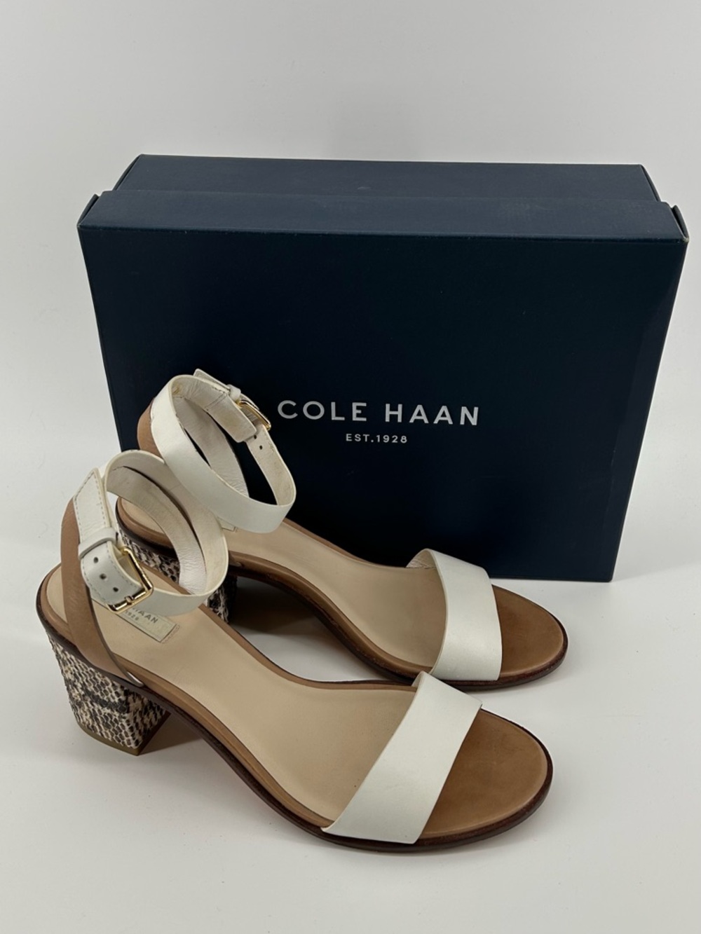 Cole Haan Cambon White Ankle-Strap Sandals with Snake-Print Block Heel